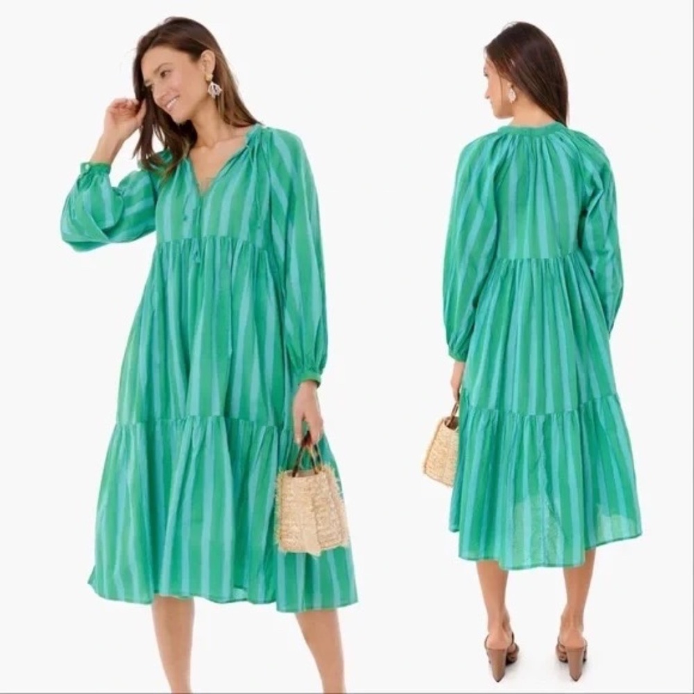 Matta Riviera Jaya midi dress in green/blue/teal/aqua stripe L